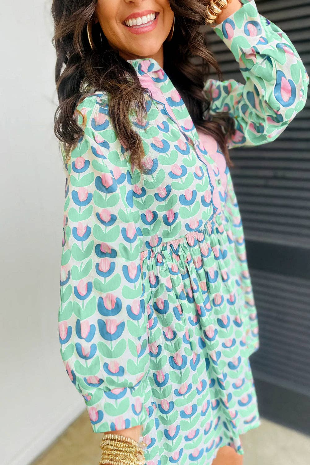Lovesoft Green Floral Long Sleeve Mini Dress