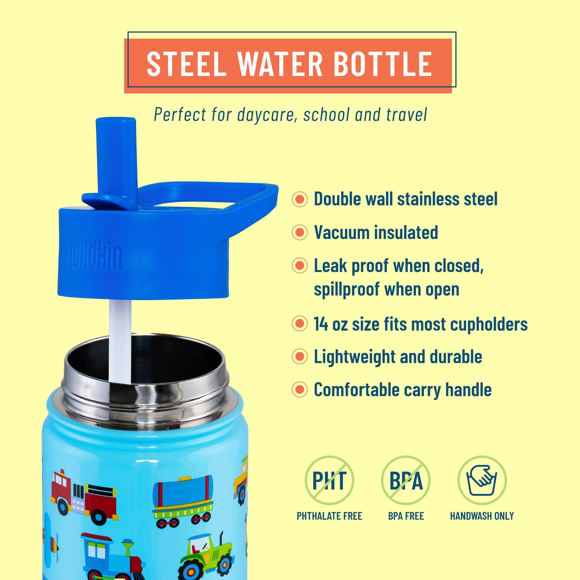Wildkin Trains, Planes & Trucks 14 oz Stainless Steel Water Bottle