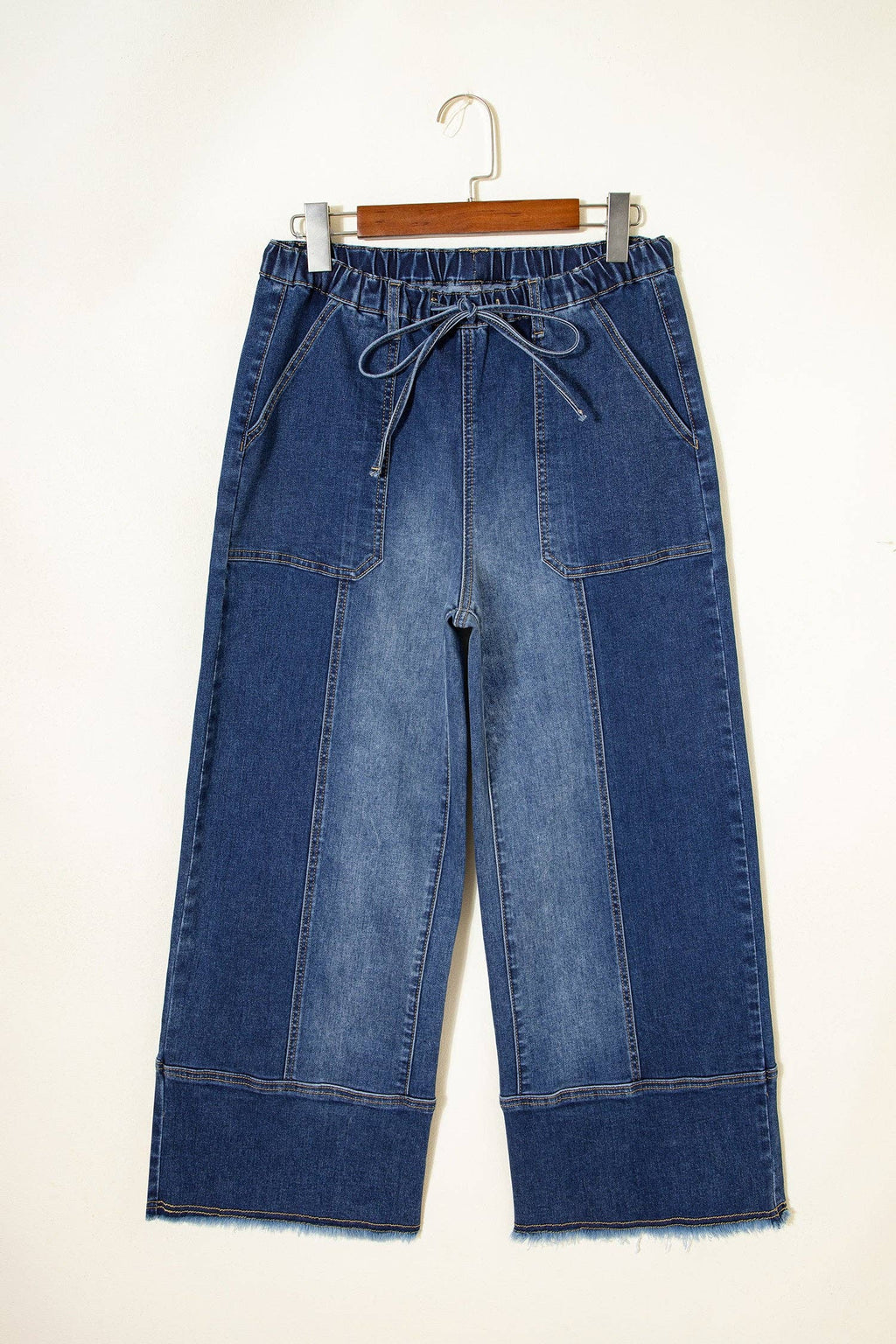 Denim Drawstring Raw Hem Wide Leg Pants