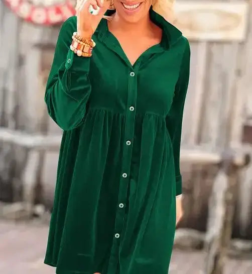 Solid Color Long Sleeve Ruffle Velvet Button Up Dress