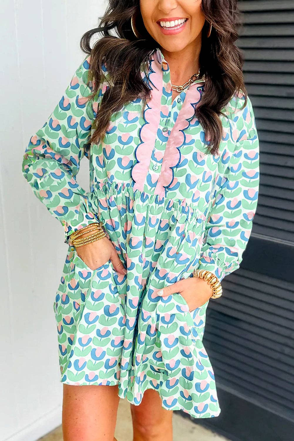 Lovesoft Green Floral Long Sleeve Mini Dress