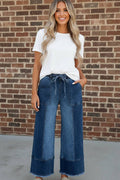 Denim Drawstring Raw Hem Wide Leg Pants