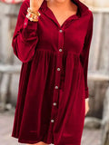 Solid Color Long Sleeve Ruffle Velvet Button Up Dress