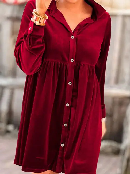 Solid Color Long Sleeve Ruffle Velvet Button Up Dress