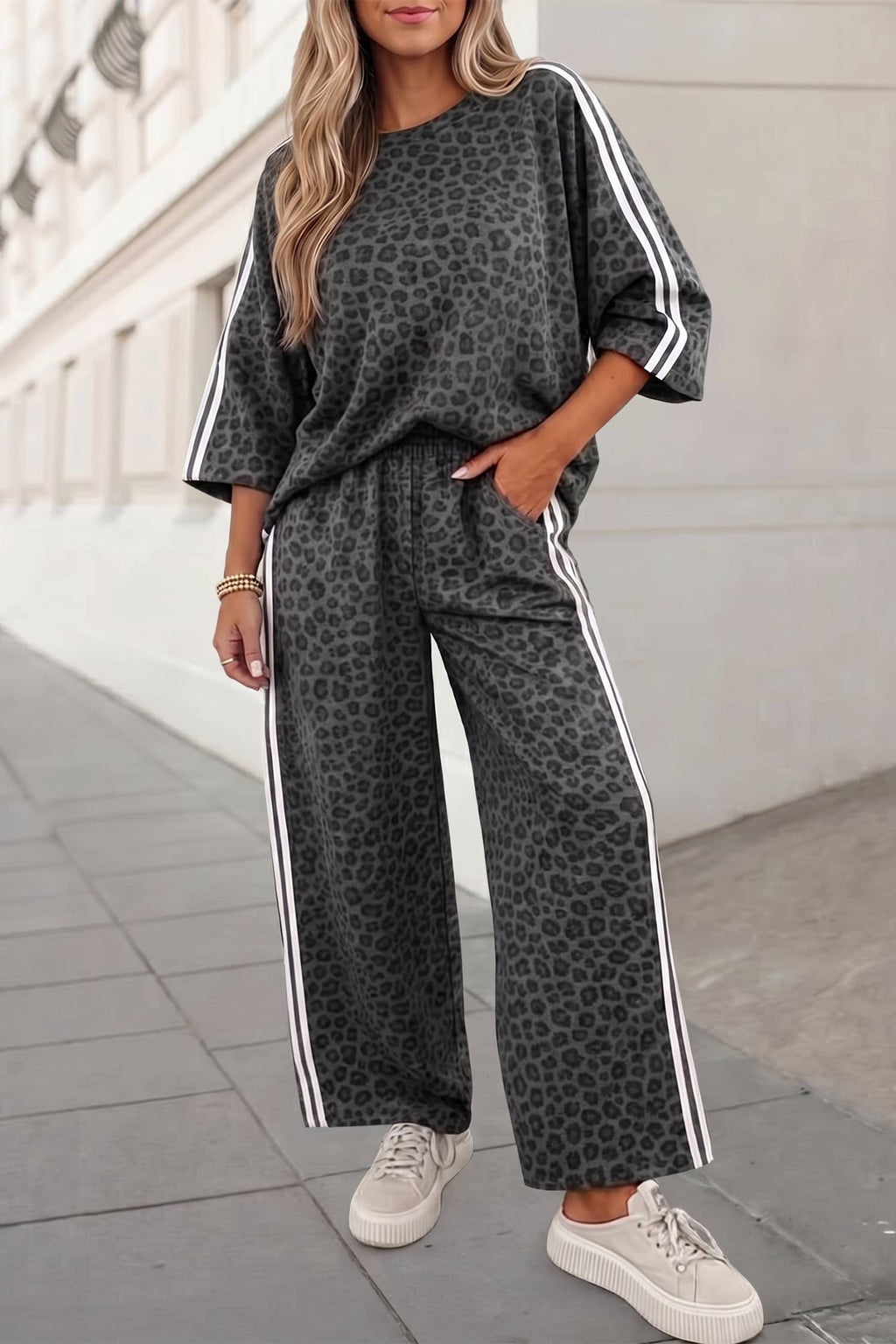 Leopard Print Crewneck Pants Set