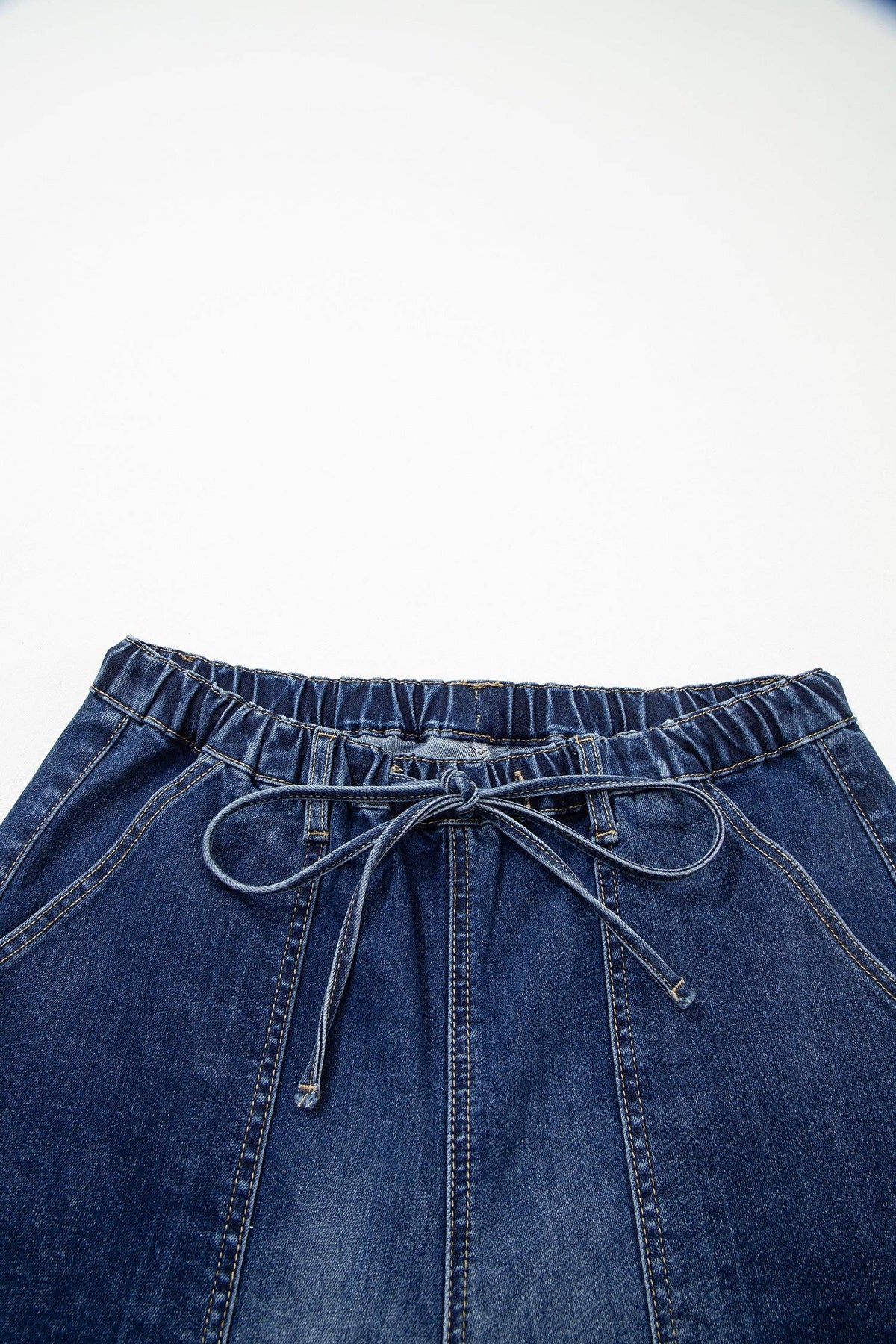 Denim Drawstring Raw Hem Wide Leg Pants