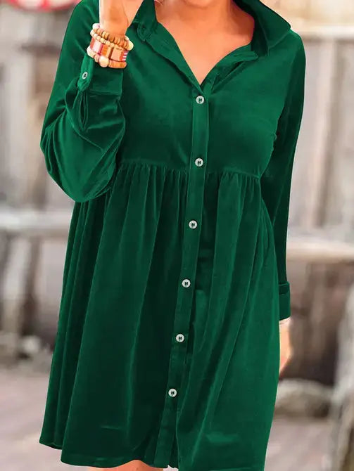 Solid Color Long Sleeve Ruffle Velvet Button Up Dress