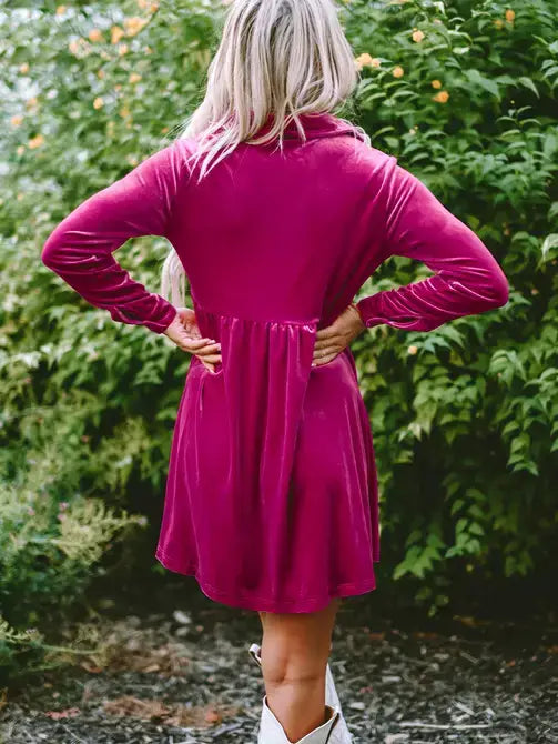 Solid Color Long Sleeve Ruffle Velvet Button Up Dress