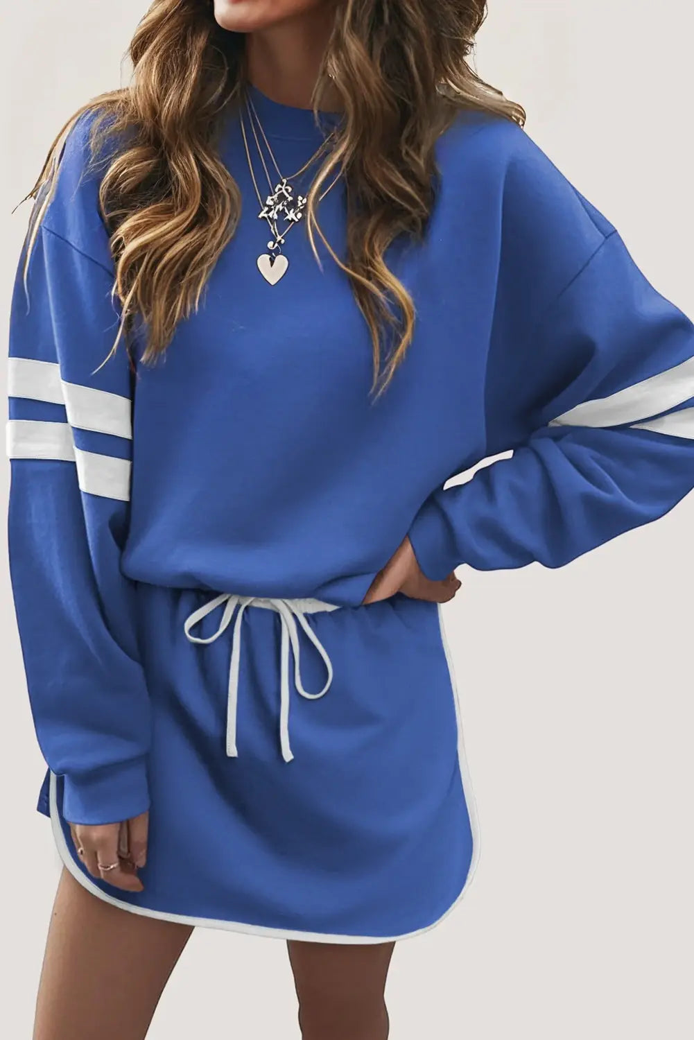 Love Soft Varsity Stripe Drop Shoulder Pullover Mini Skirt Set