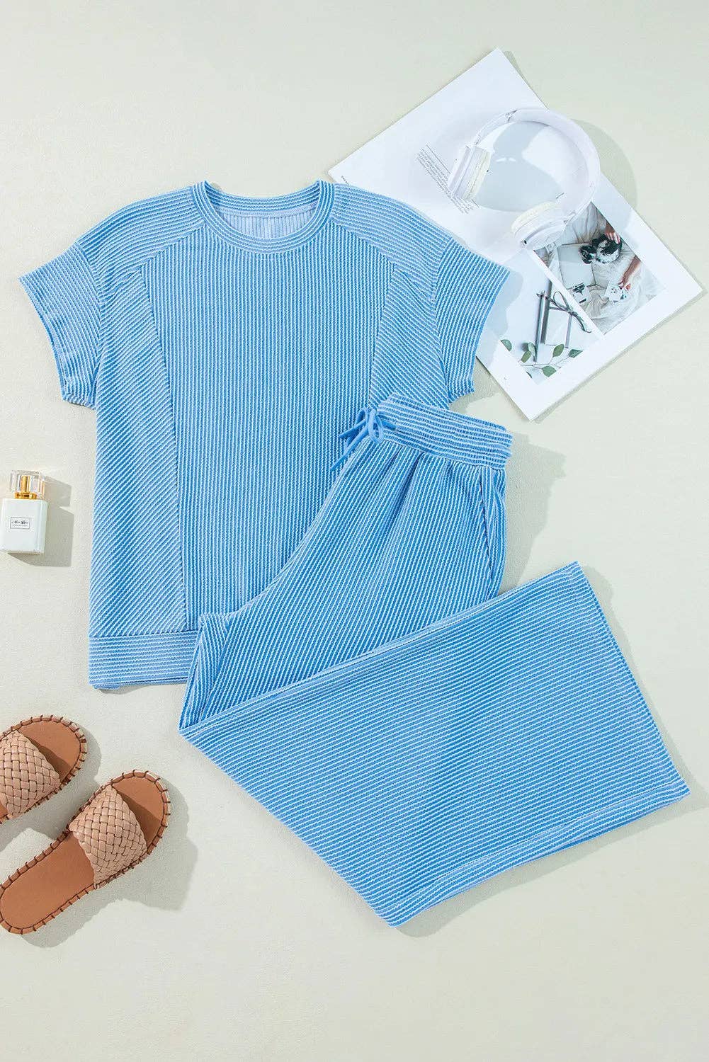 Lovesoft Solid Corded Knit Short Sleeve T Shirt and Wide Leg Pants Set