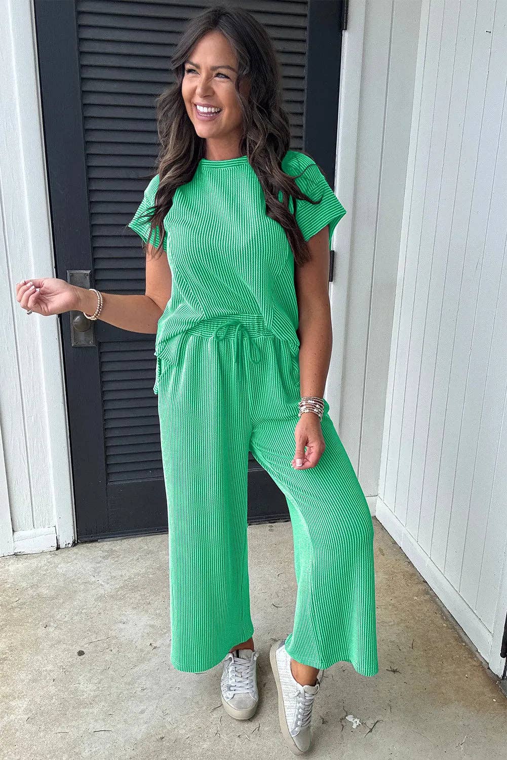 Lovesoft Solid Corded Knit Short Sleeve T Shirt and Wide Leg Pants Set