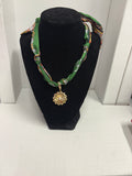 Canvas Style Green scarf Necklace with Flower Pendant