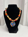 Audra Style Wood Bead Necklace with painted pendant