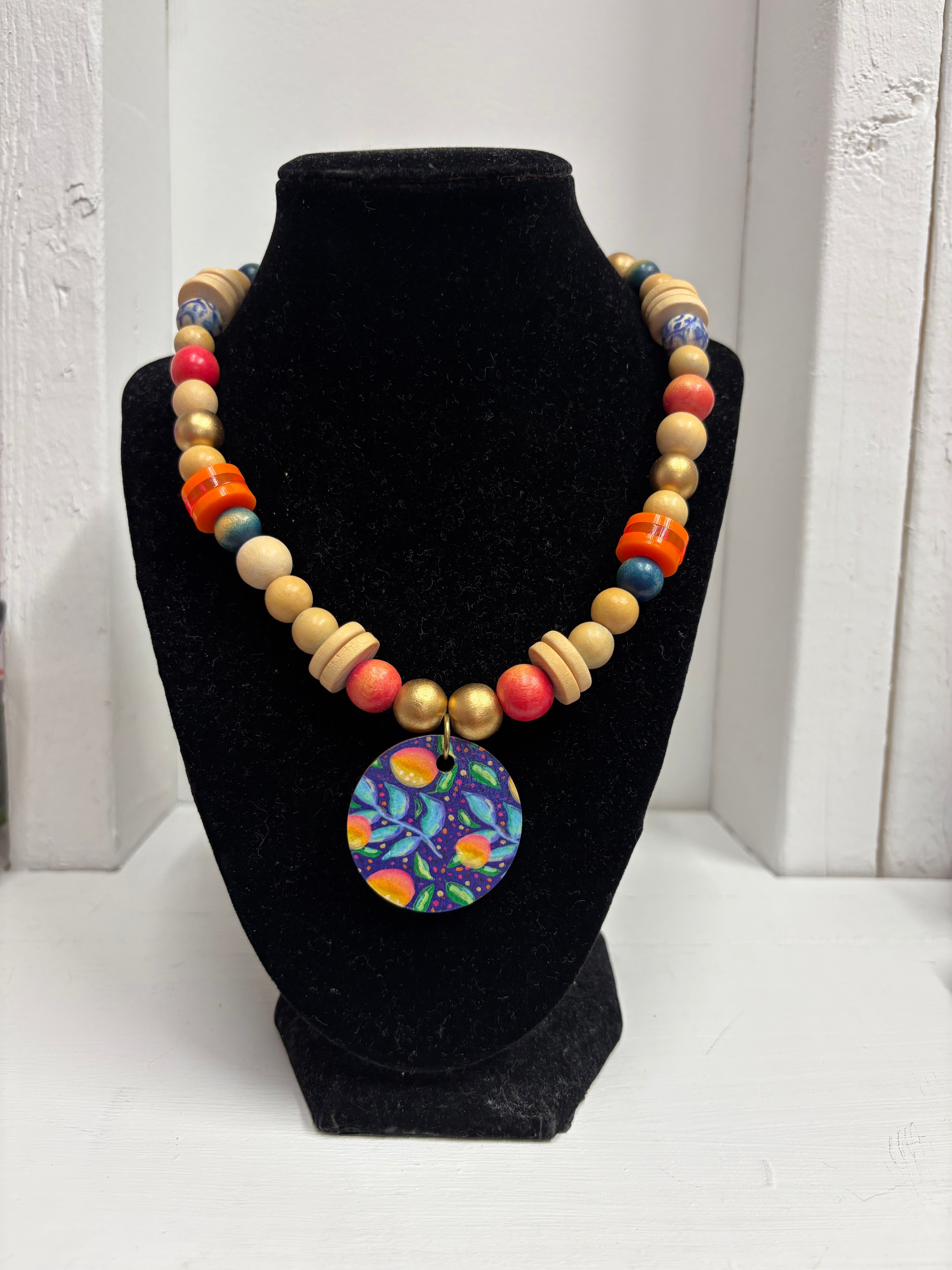 Audra Style Wood Bead Necklace with painted pendant