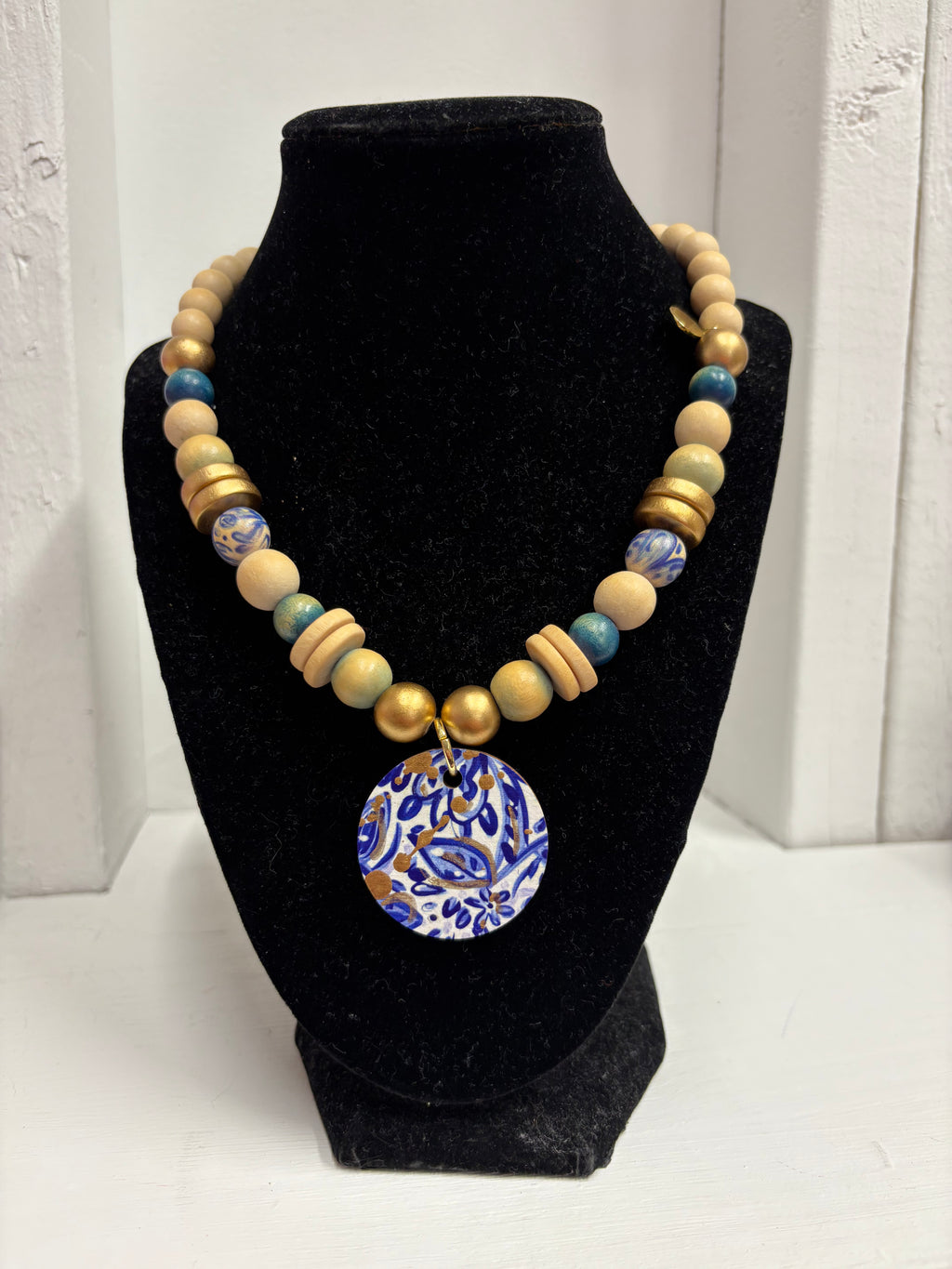 Audra Style Wood Bead Necklace with painted pendant