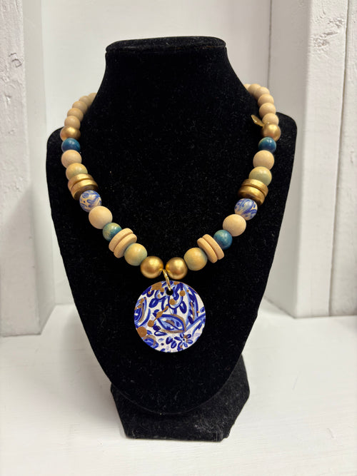 Audra Style Wood Bead Necklace with painted pendant