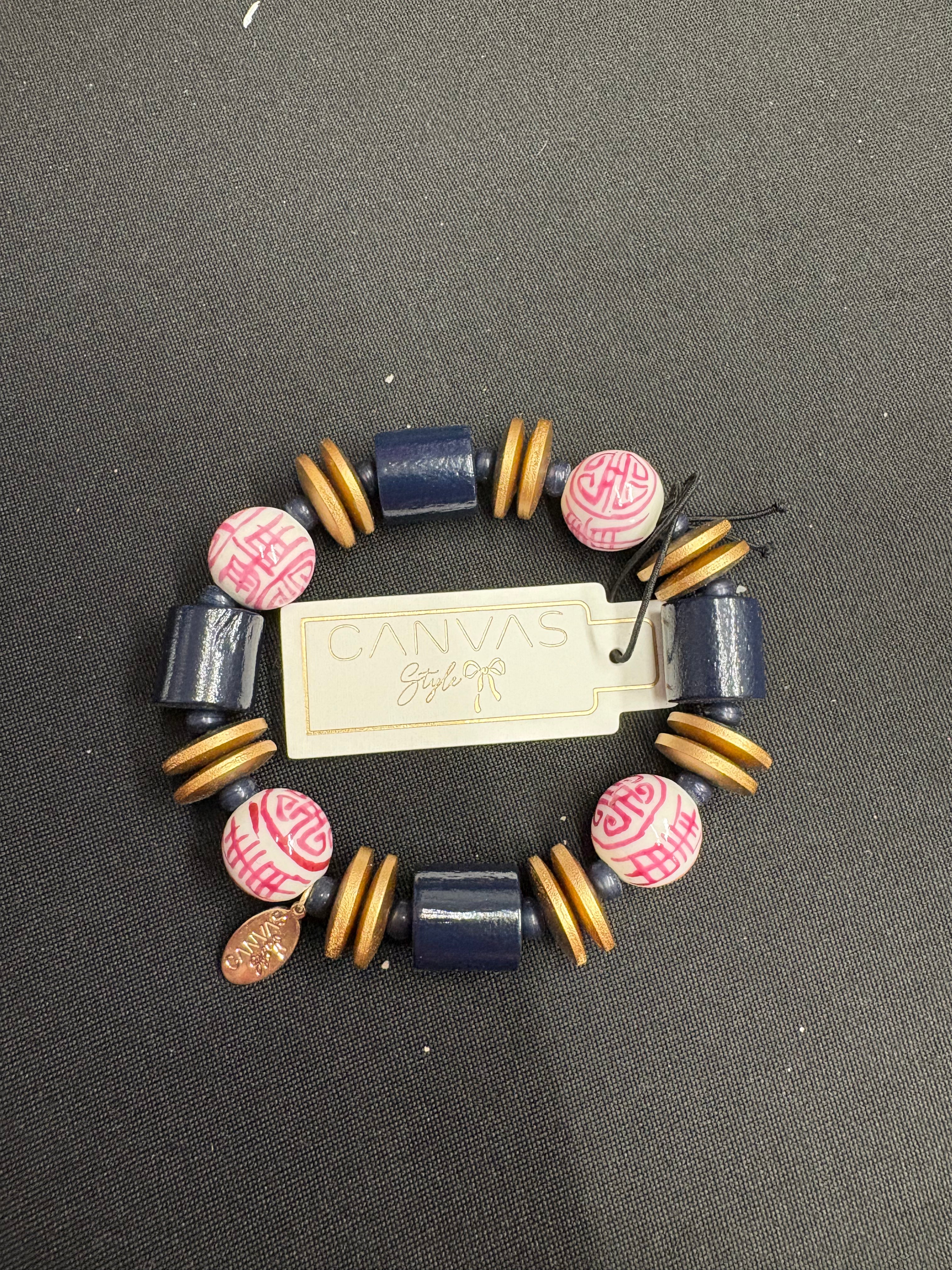 Canvas Wood and Enamel Oriental Beaded Bracelet Navy and White