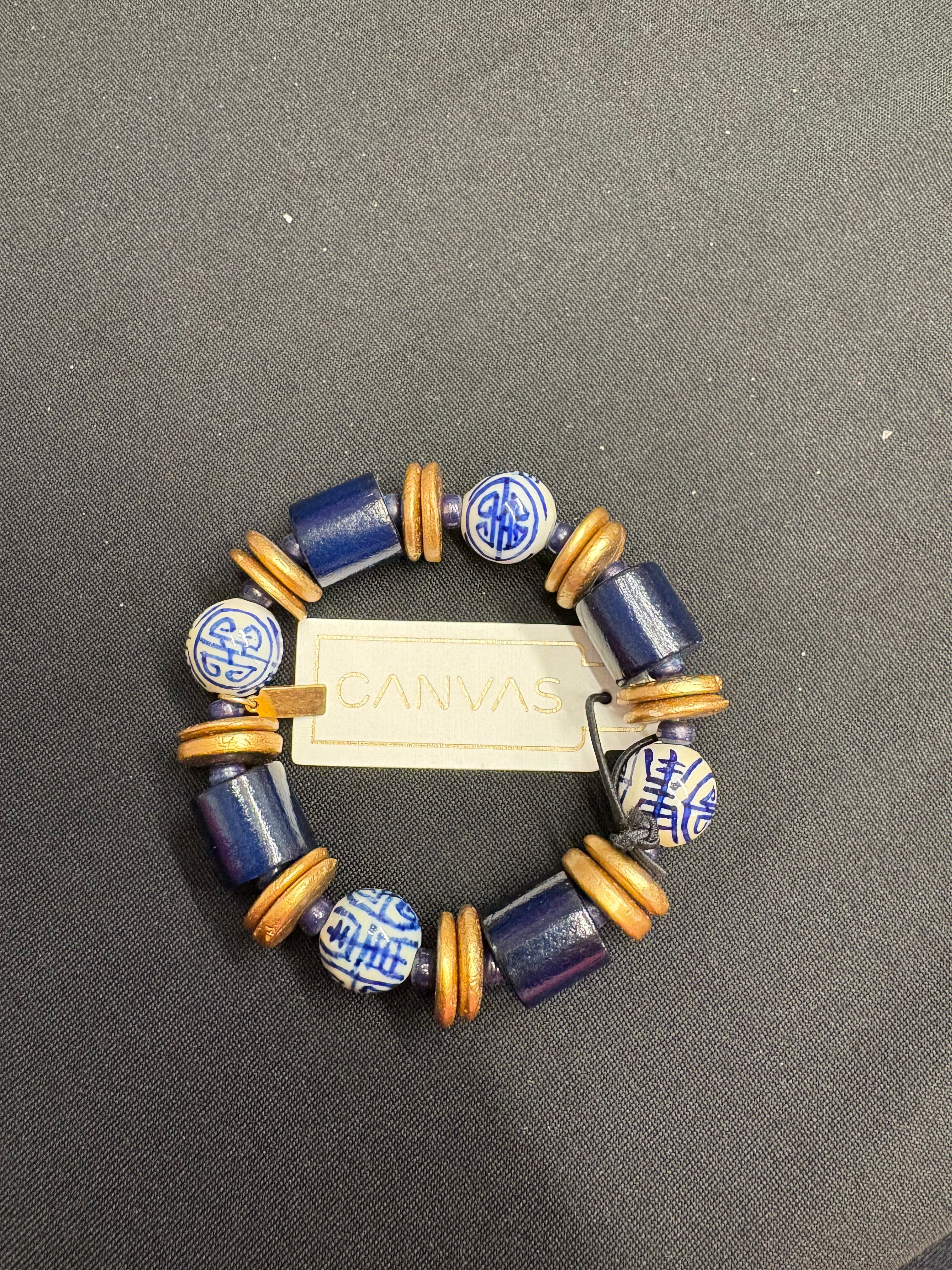 Canvas Wood and Enamel Oriental Beaded Bracelet Navy and White