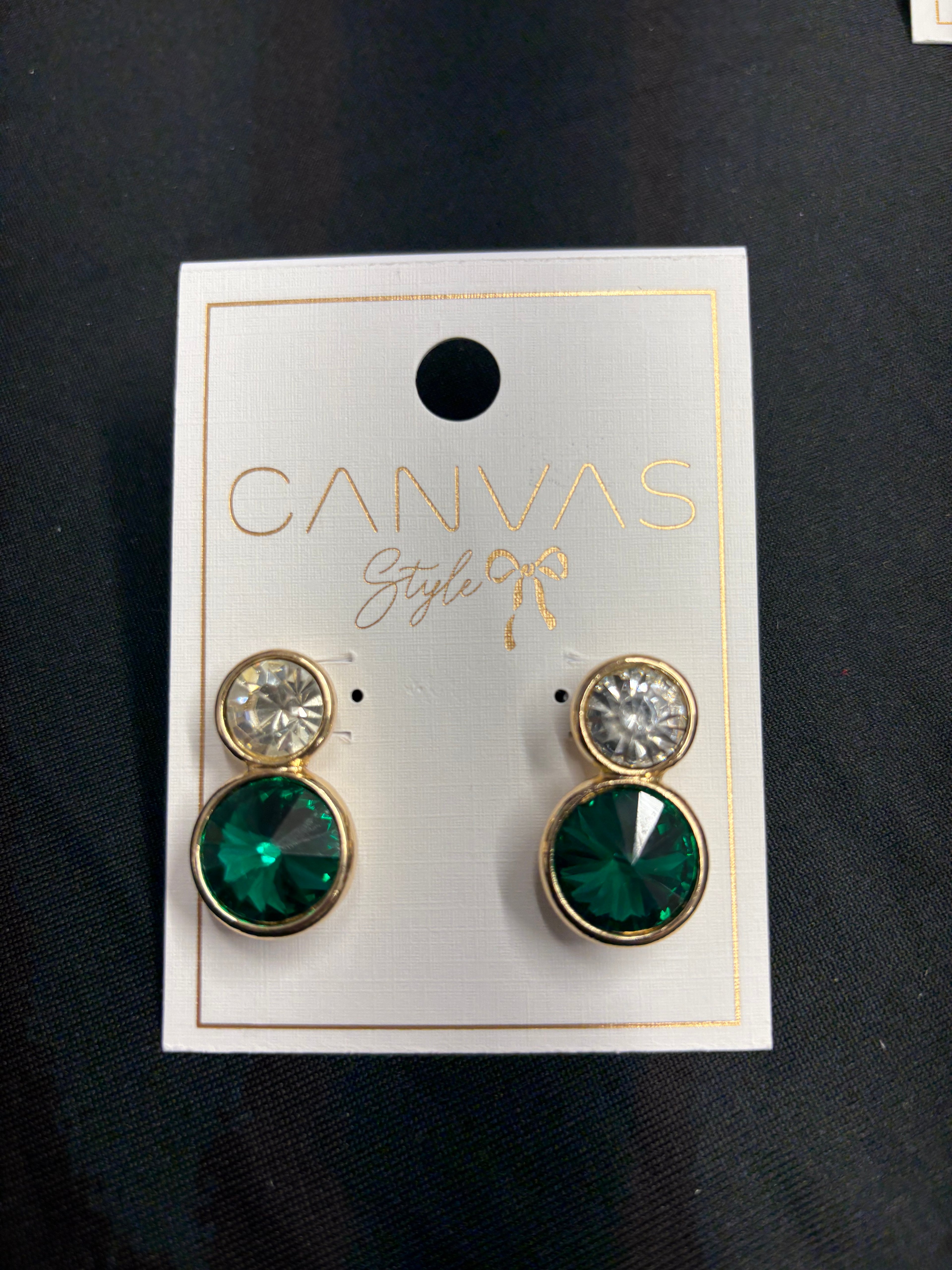 Canvas Double Drop Earrings Crystal and Green Gemstones
