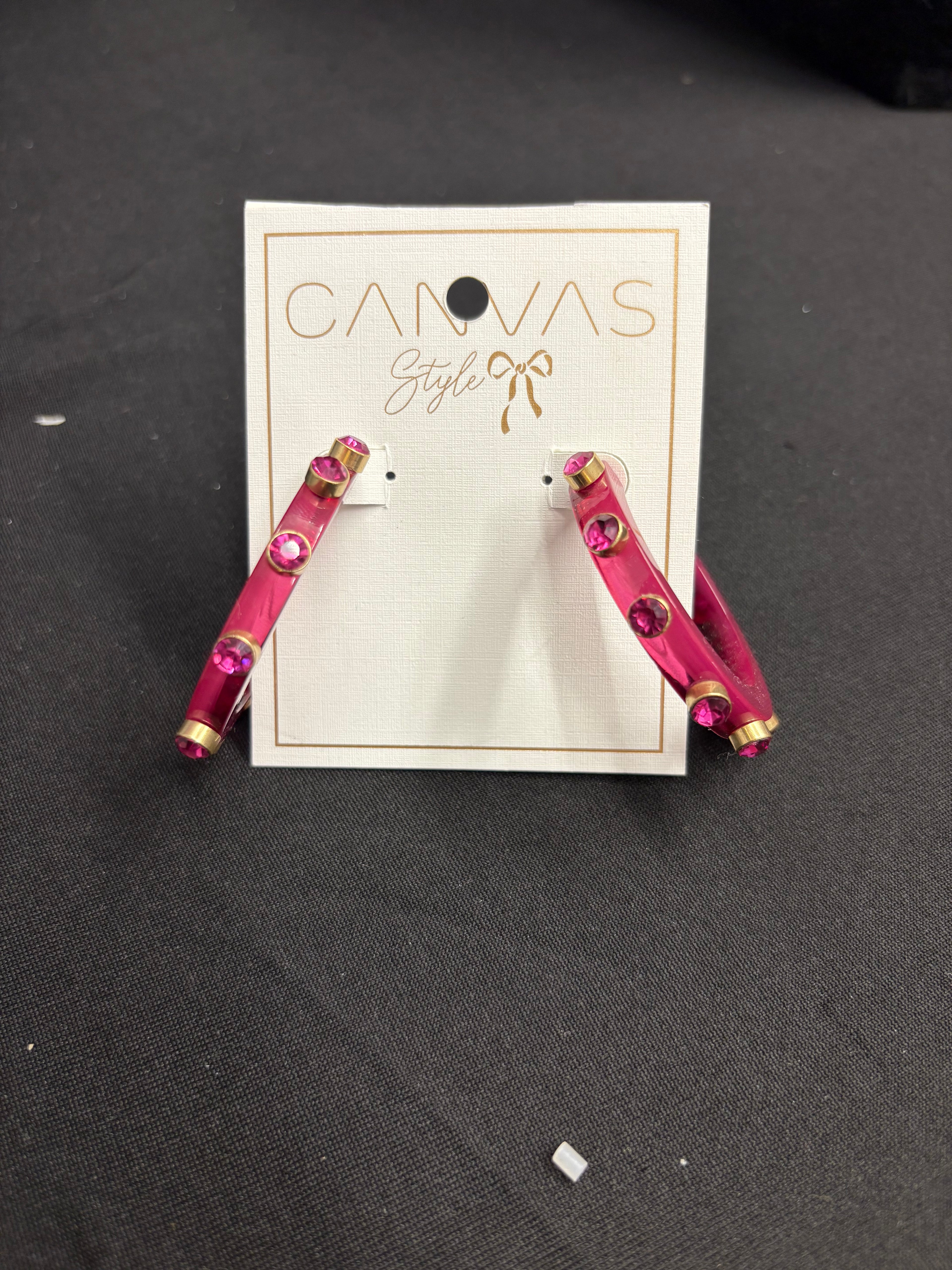 Canvas Enamel Hoop Earrings with Gems Fuchsia
