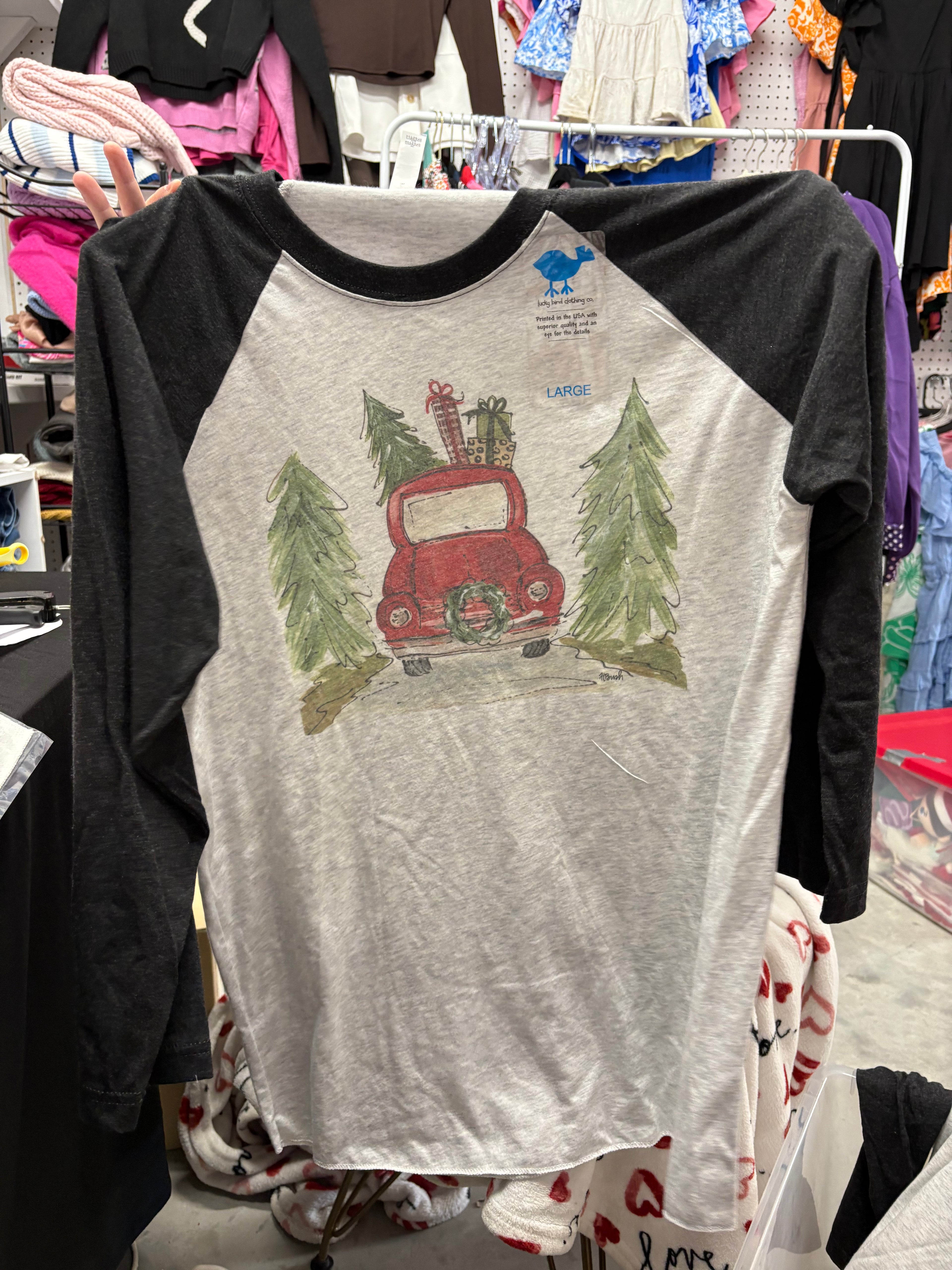 Lucky Bird Clothing co. Red trucks with presents shirt Size L