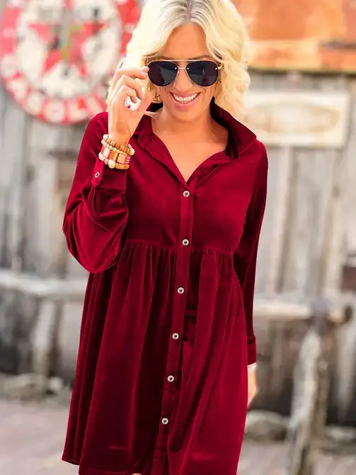Solid Color Long Sleeve Ruffle Velvet Button Up Dress