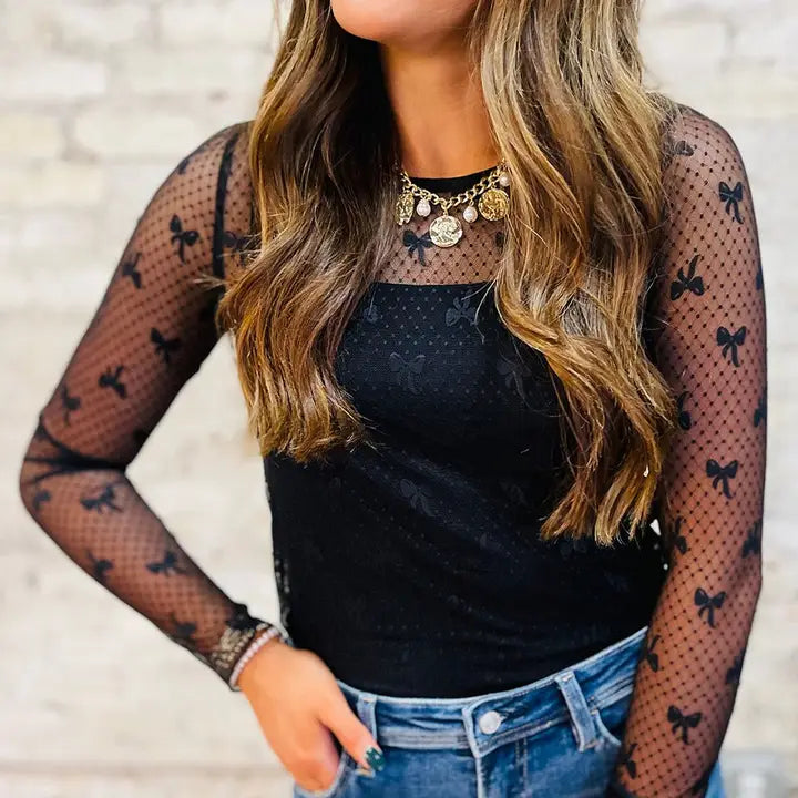 Lovesoft Bow Lace Patterned Mesh Top Black