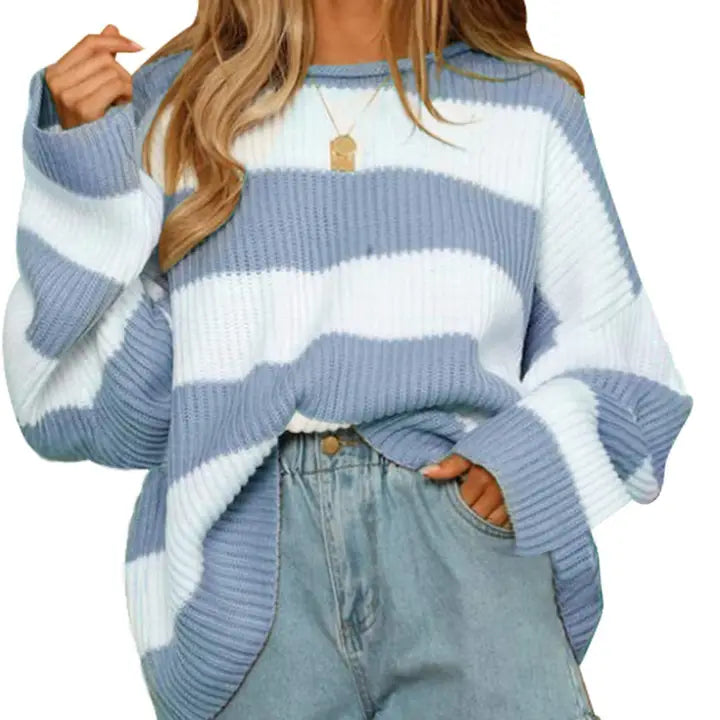 DoubleJu Blue & White Striped Crew Neck Sweater