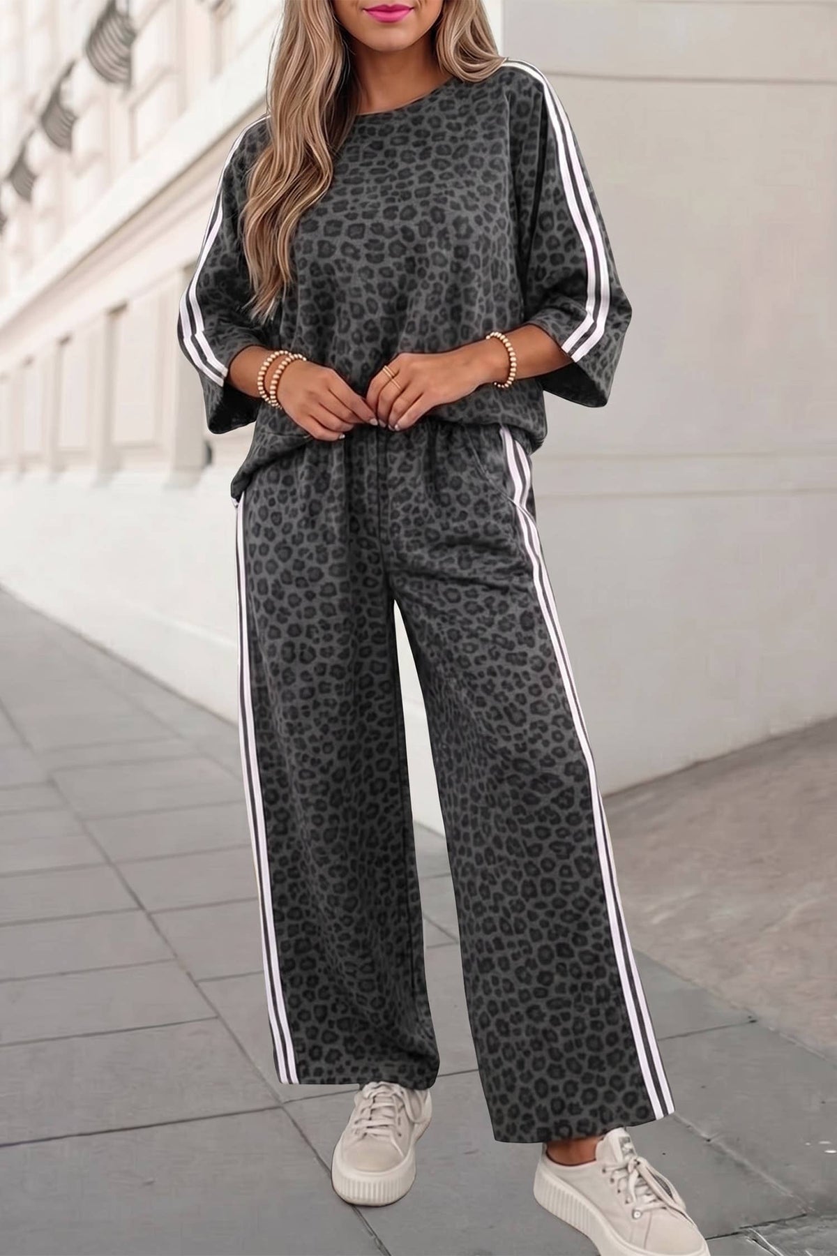 Leopard Print Crewneck Pants Set