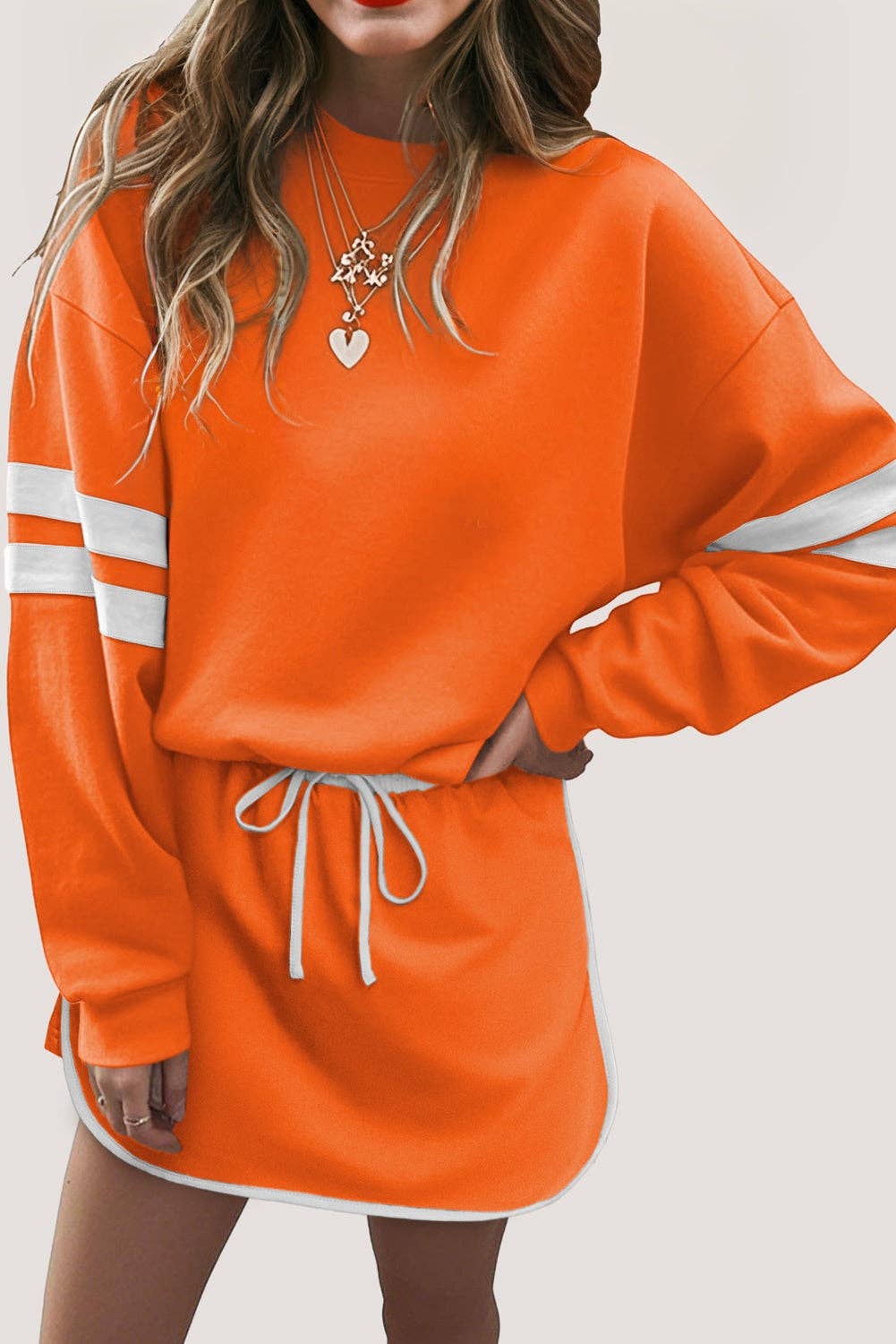 Love Soft Varsity Stripe Drop Shoulder Pullover Mini Skirt Set