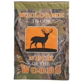 Magnolia Garden Welcome to our neck of the woods camo garden flag