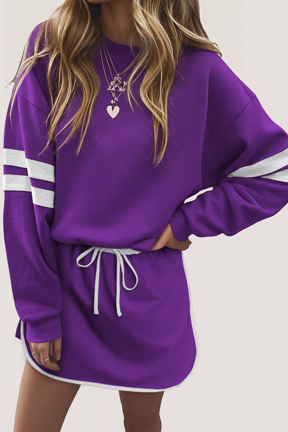 Love Soft Varsity Stripe Drop Shoulder Pullover Mini Skirt Set
