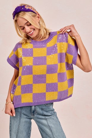 BiBi Sequined Checkered Top purple and gold
