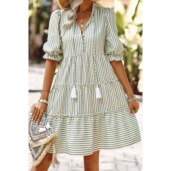Olive and white striped cottage dress
