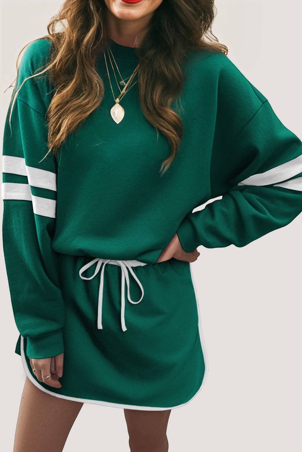 Love Soft Varsity Stripe Drop Shoulder Pullover Mini Skirt Set