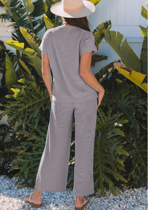 Lovesoft Solid Corded Knit Short Sleeve T Shirt and Wide Leg Pants Set