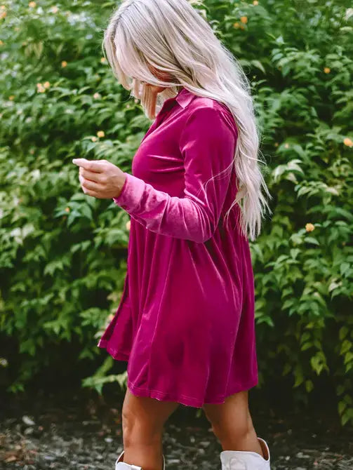 Solid Color Long Sleeve Ruffle Velvet Button Up Dress