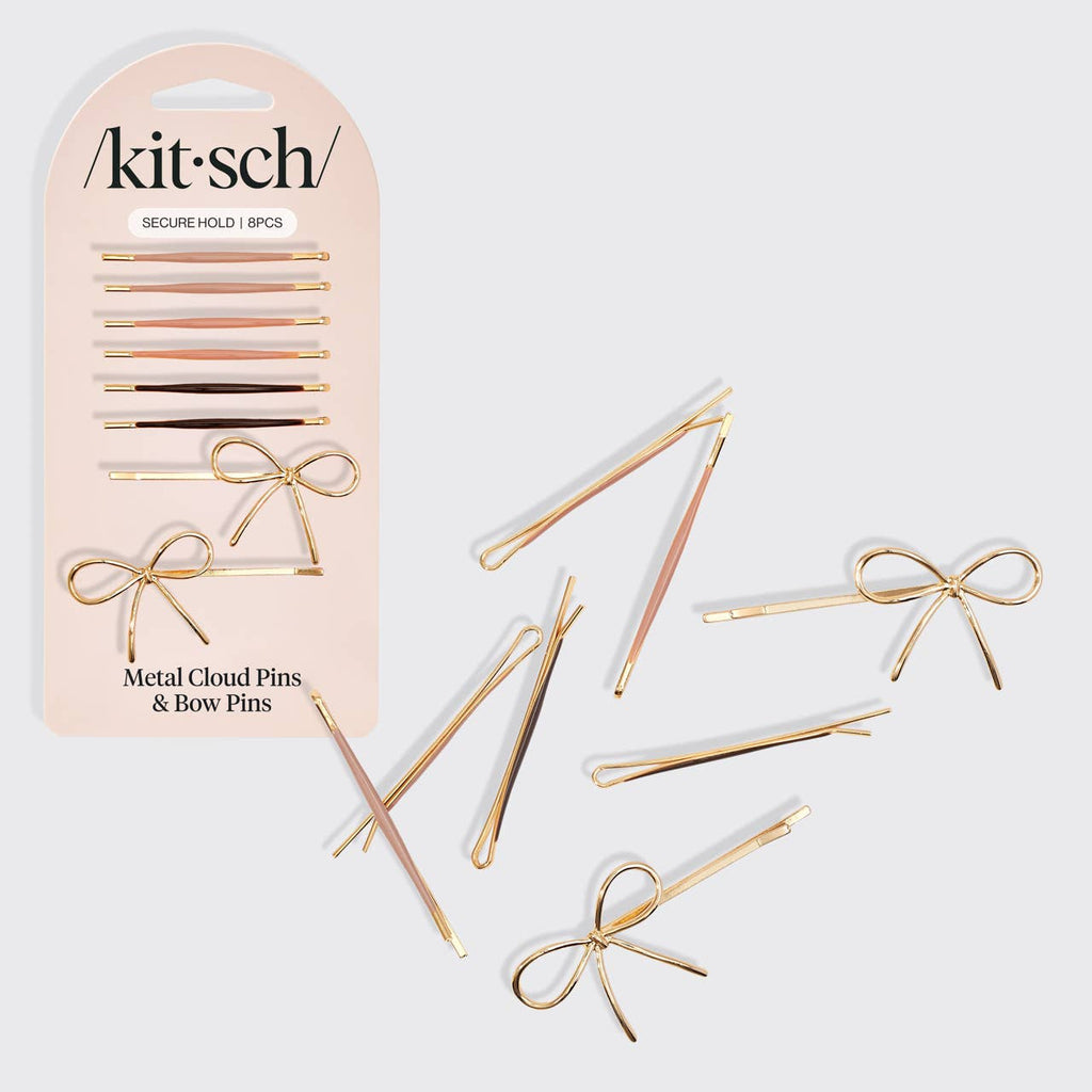 Kitsch Metal Enamel Cloud & Bow Bobby Pins 8pc Set - Rosewood