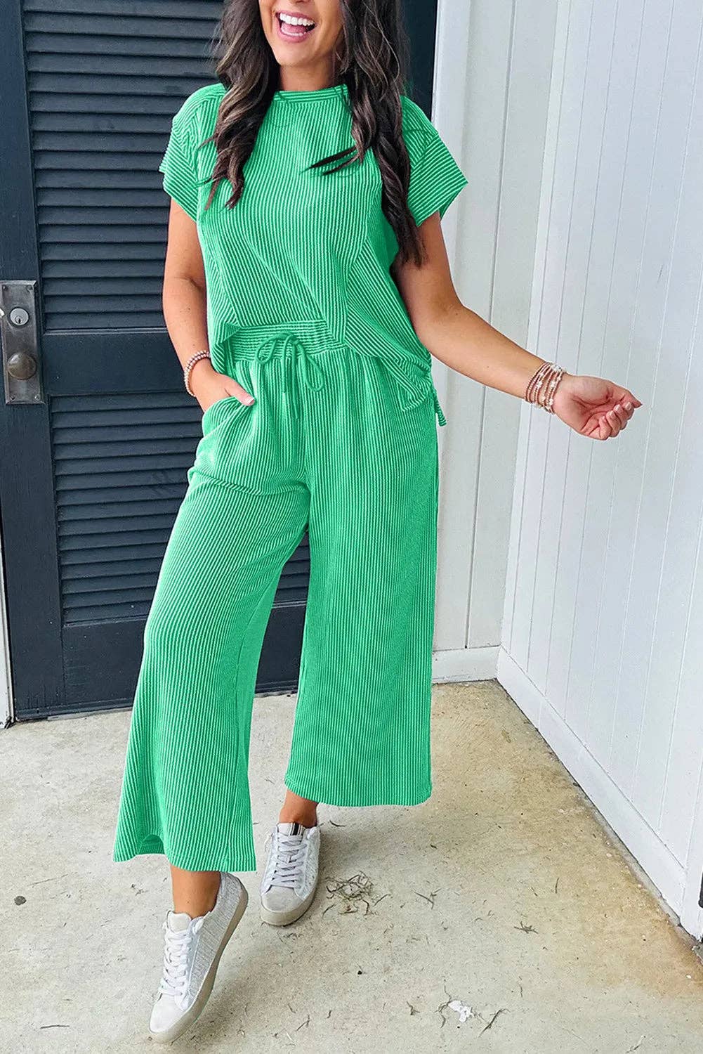 Lovesoft Solid Corded Knit Short Sleeve T Shirt and Wide Leg Pants Set