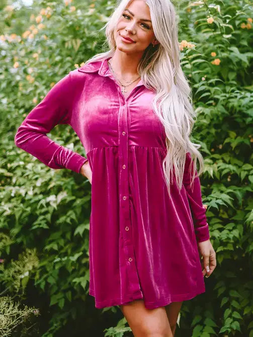 Solid Color Long Sleeve Ruffle Velvet Button Up Dress