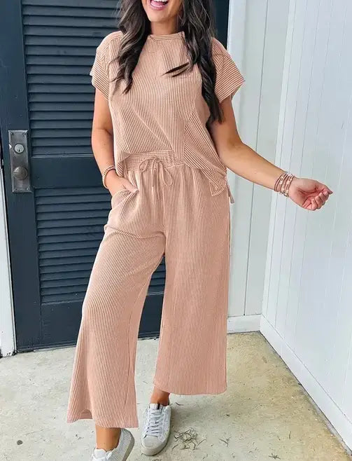 Lovesoft Solid Corded Knit Short Sleeve T Shirt and Wide Leg Pants Set