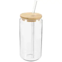 Glass with bamboo lid and glass straw hi. hey. hello.