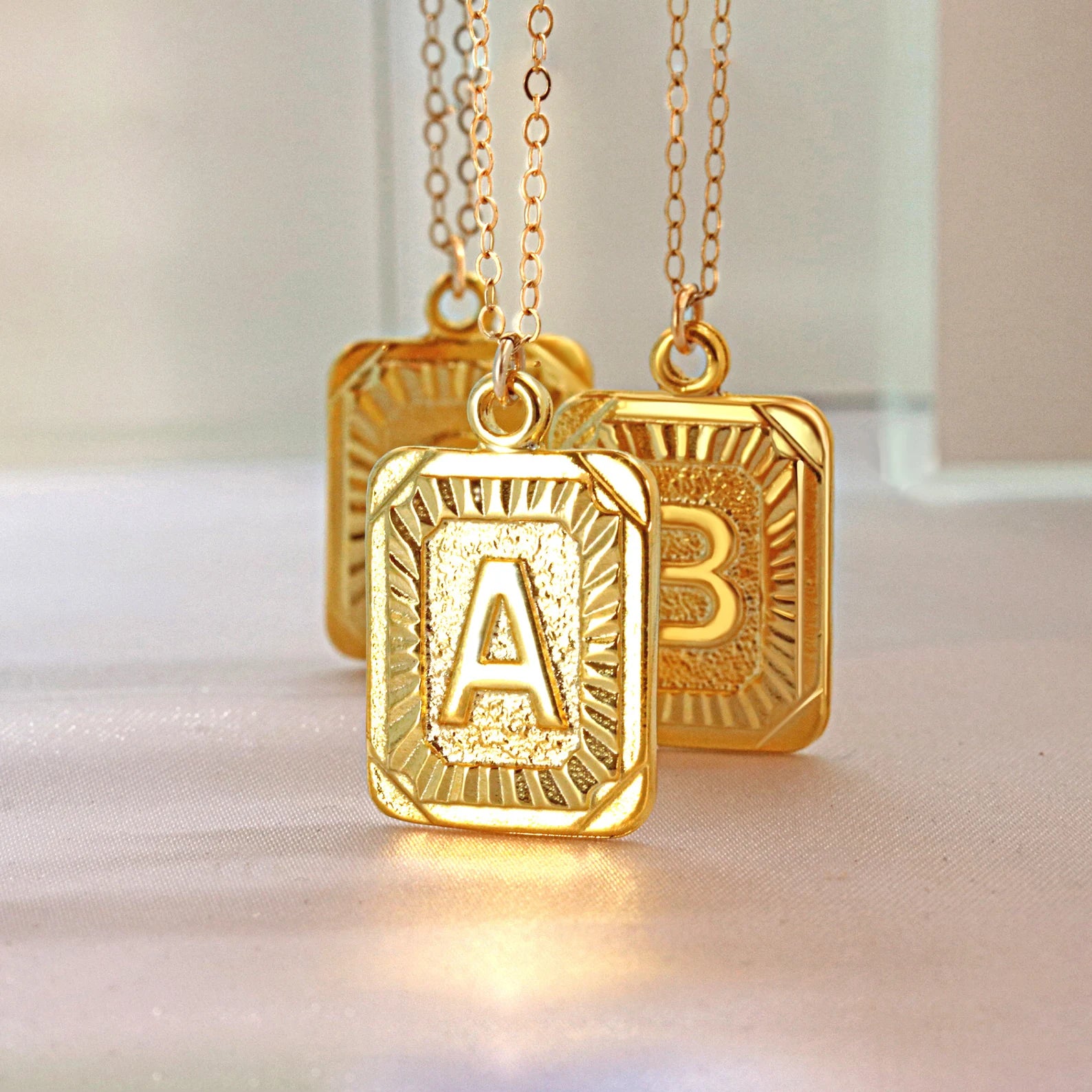 Rectangular Stamped Initial Pendant Necklace Gold