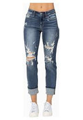Judy Blue Jeans Dark Wash Mid Rise Boyfriend Destroyed Cuffed