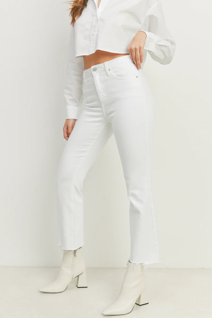 JBD Crop Flare Jeans Raw Hem White