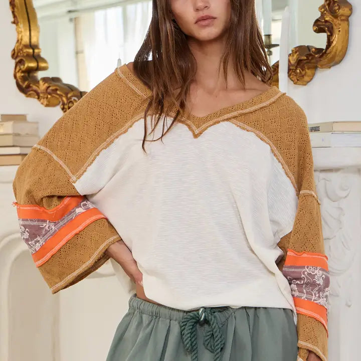 Bucket List Camel Lace Cream and Orange Top