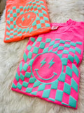 Retro Neon Checkered Smile Tshirt hot pink