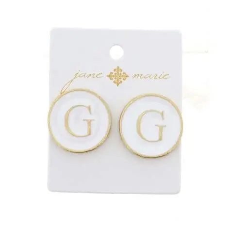 Jane Marie White Enamel Button Initial Earring