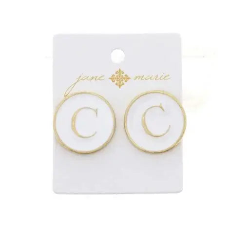 Jane Marie White Enamel Button Initial Earring